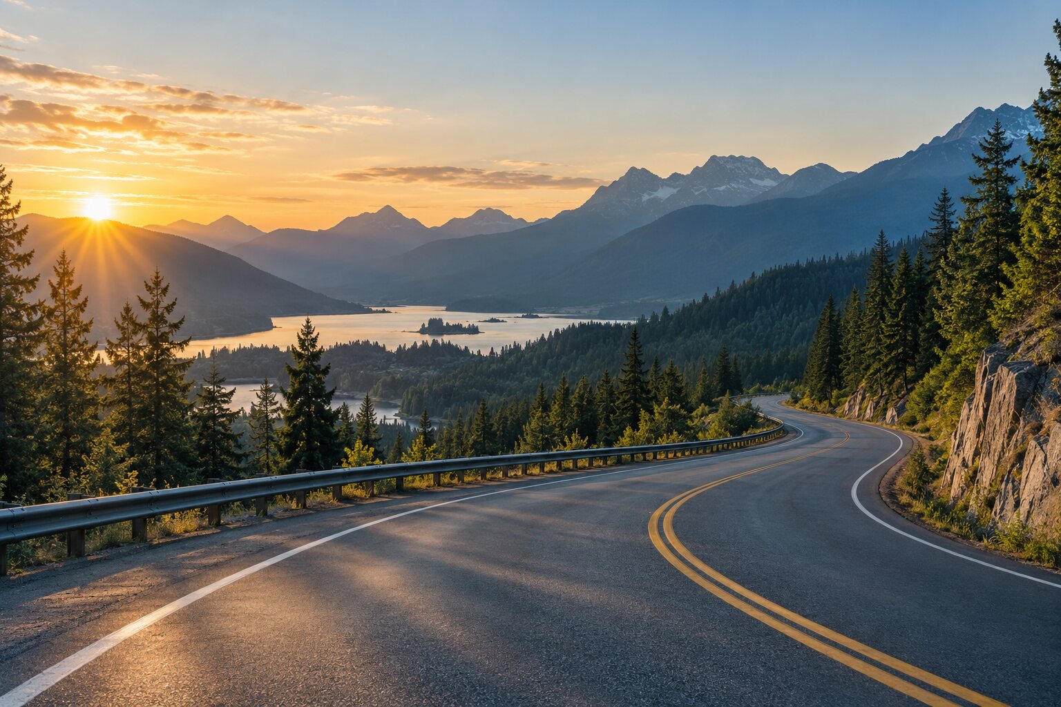 A quiet highway through wooded mountains