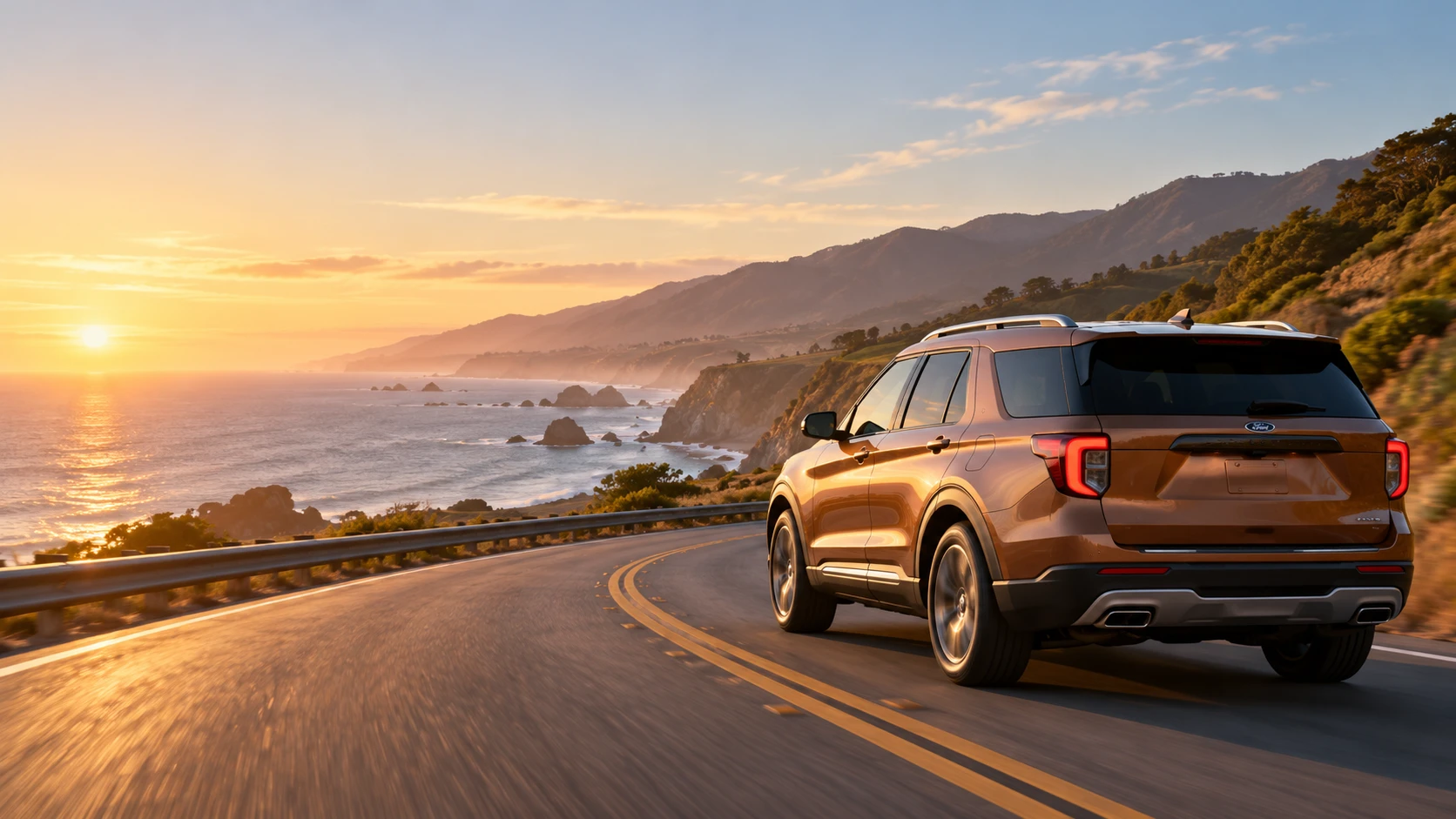 Bronze Ford Explorer on a coastal road