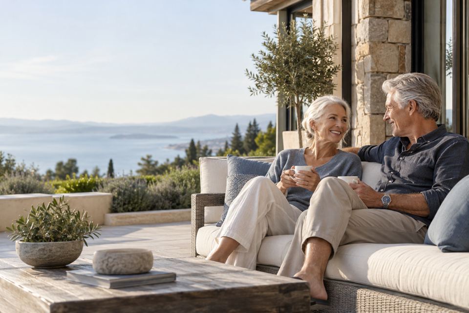 An older couple talking on a sunny home terrace